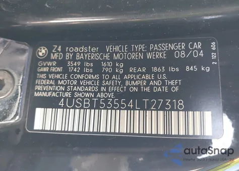 2004 BMW Z4 3.0I из США, поврежденный, VIN 4USBT53554LT27318